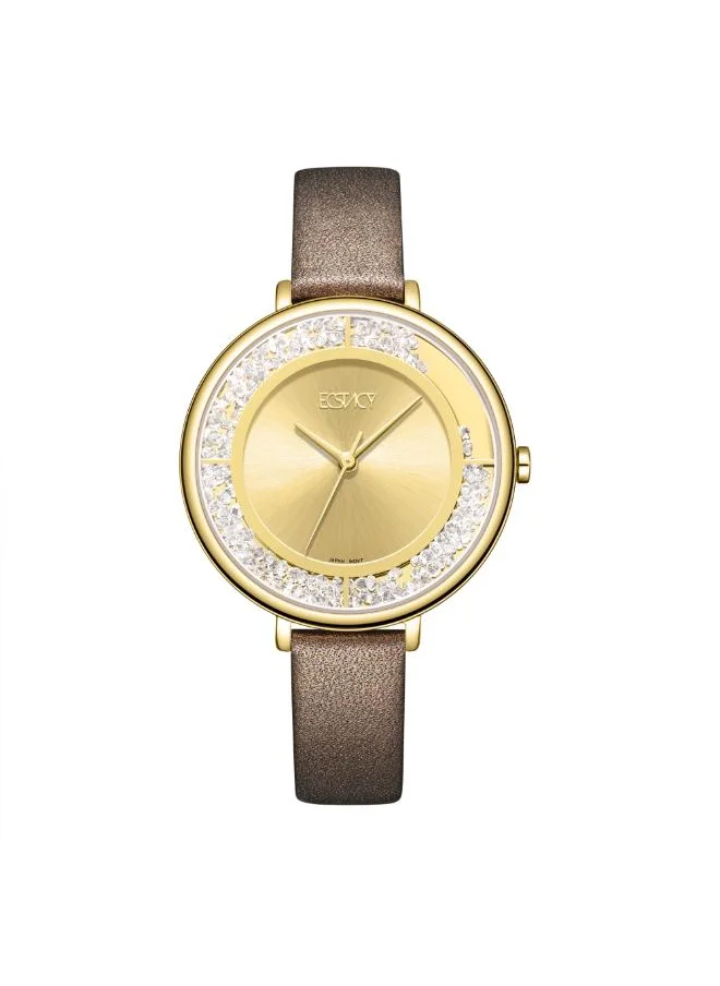 ECSTACY Women's Analog Display Watch With Dark Brown Leather Strap - E23501-GLDC