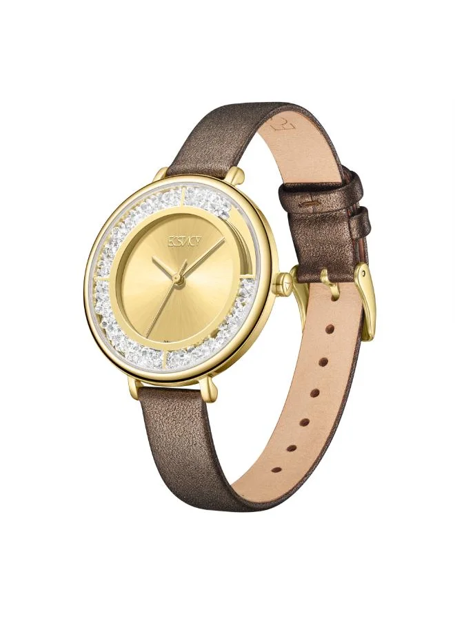 ECSTACY Women's Analog Display Watch With Dark Brown Leather Strap - E23501-GLDC