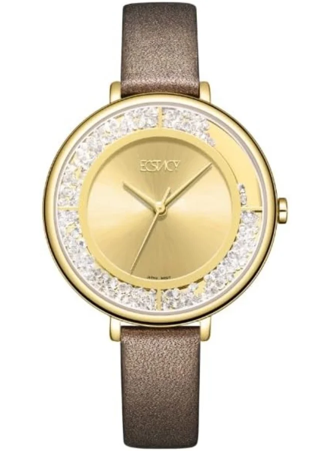 ECSTACY Ecstacy Women's Watch, Analog Display and Leather Strap - E23501-GLDC, Dark Brown