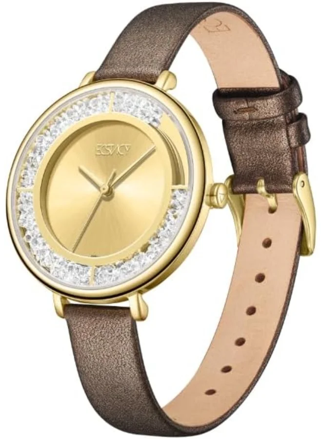 ECSTACY Ecstacy Women's Watch, Analog Display and Leather Strap - E23501-GLDC, Dark Brown