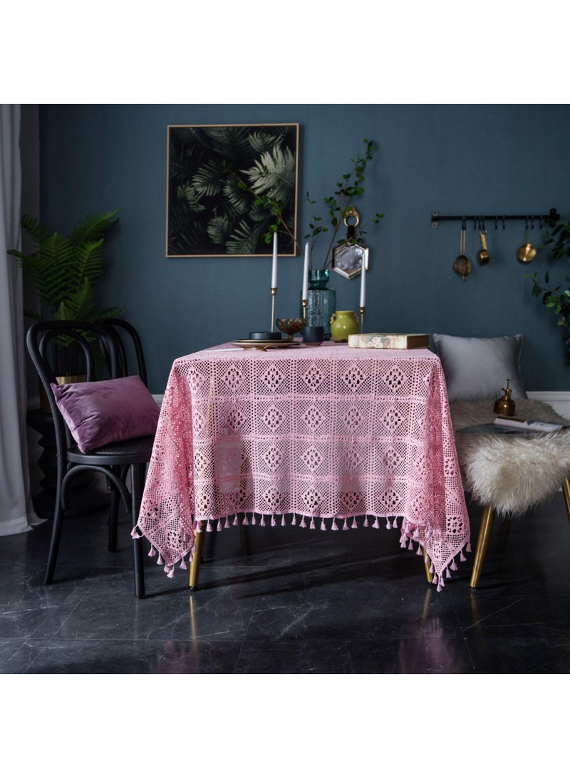 Y&D Retro American Crochet Round Table Fabric Knitted Hollowed Out Coffee Table Cover Fabric Pink  - Image 1