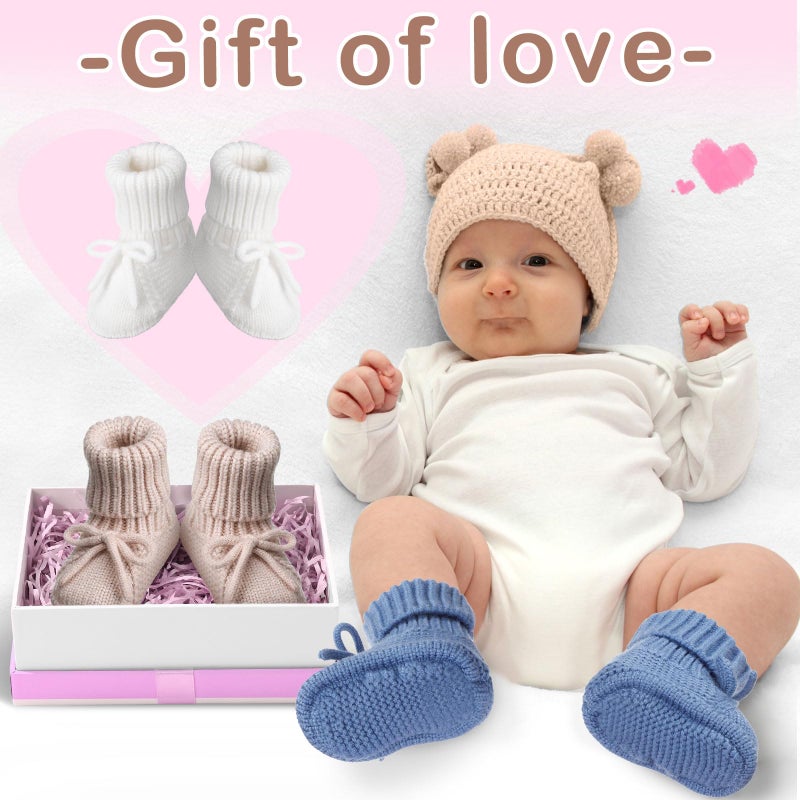 Evervibe 3 Pairs Knitted Baby Booties 0-6 Months Newborn Baby Shoes First Walkers Cozy Shoes for Infant Girl Boy(White, Mika, Denim Blue,Classic) - Image 5
