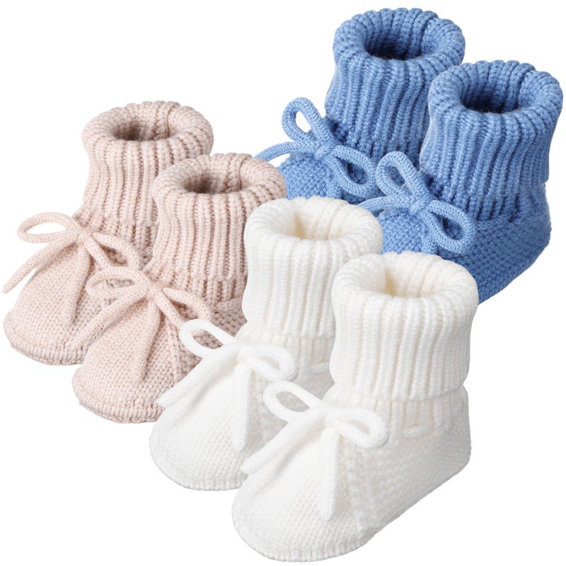 Evervibe 3 Pairs Knitted Baby Booties 0-6 Months Newborn Baby Shoes First Walkers Cozy Shoes for Infant Girl Boy(White, Mika, Denim Blue,Classic) - Image 1