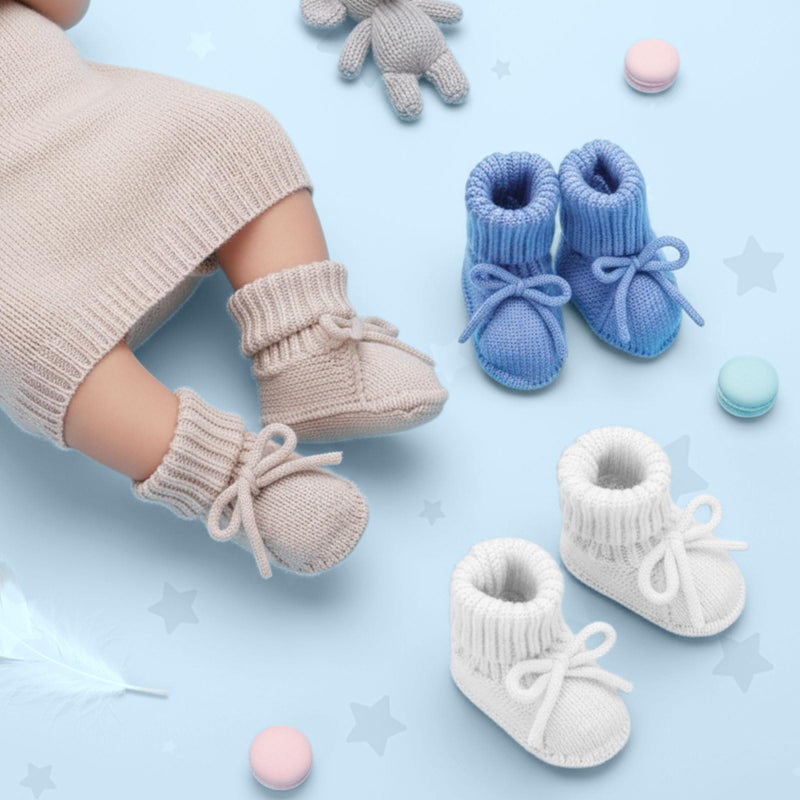 Evervibe 3 Pairs Knitted Baby Booties 0-6 Months Newborn Baby Shoes First Walkers Cozy Shoes for Infant Girl Boy(White, Mika, Denim Blue,Classic) - Image 3