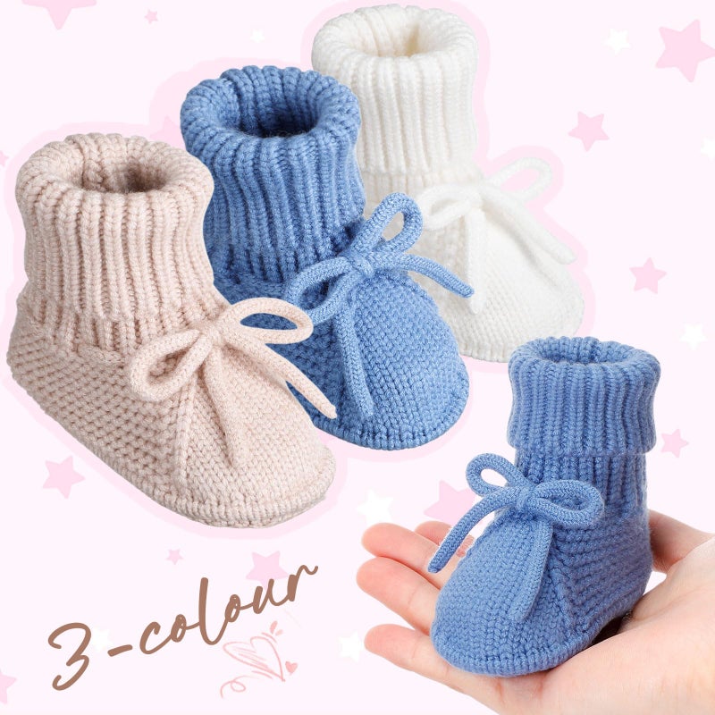 Evervibe 3 Pairs Knitted Baby Booties 0-6 Months Newborn Baby Shoes First Walkers Cozy Shoes for Infant Girl Boy(White, Mika, Denim Blue,Classic) - Image 2