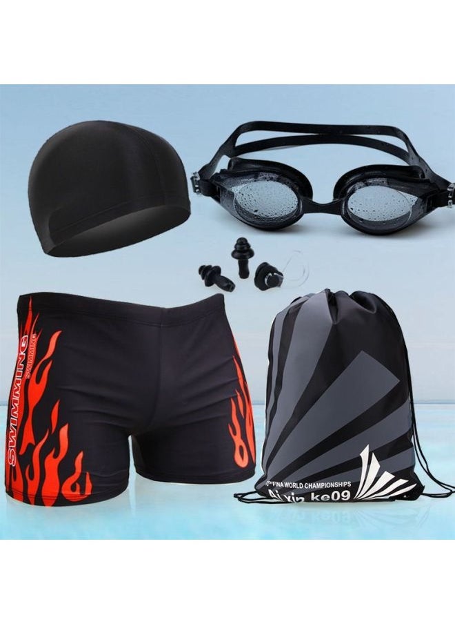 Generic - Men's Swimming Trunks And Swimming Cap Set Learning Swimming Equipment Quick-Drying Boxer Hot Spring Large Size Flame Five-Point Swimming Trunks-Color:Classic Red Hot Six-piece Set-xl (recommended Weight 45-60kg ) - Image 1