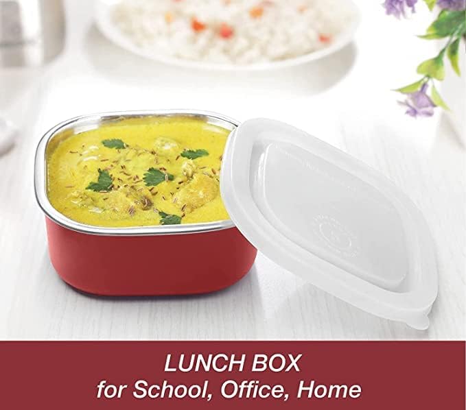 VAGMI Microwave Safe Stainless Steel Air Tight & Leak Proof Lunch Boxes/Storage Containers with Lids for Kitchen/Office/School - Pack of 4 - Each 400 ML Steel (Red) - Image 2