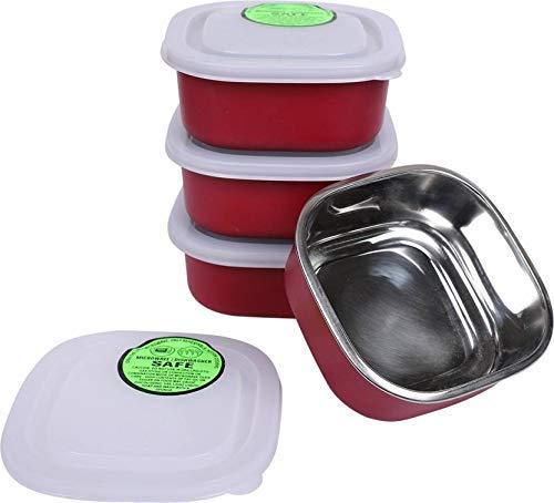VAGMI Microwave Safe Stainless Steel Air Tight & Leak Proof Lunch Boxes/Storage Containers with Lids for Kitchen/Office/School - Pack of 4 - Each 400 ML Steel (Red) - Image 5