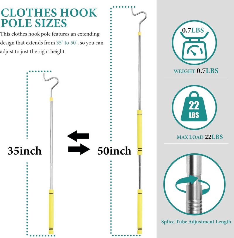 Greeily Clothes Hook Pole, Clothes Hanger Reaching Hook for Hanging Clothes Light and Plants Extendable from 35" to 50" Made of Stainless Steel Tube with Sponge Handle (51inch) - Image 2