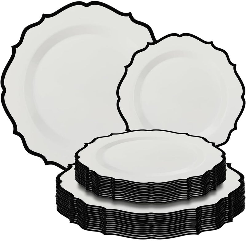 Bluesky مجموعة معاصرة كومبو أطباق بيضاء بحافة سوداء - 7.5" - 10.5" (عبوة 32) - تصميم عصري أنيق - مثالية للترفيه والاستخدام اليومي - Image 1