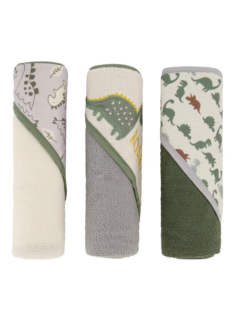 Cudlie Buttons & Stitches Baby Boy 3 Pack Rolled/Carded Hooded Towels in Dino Roar Print (GS71721) - Image 1