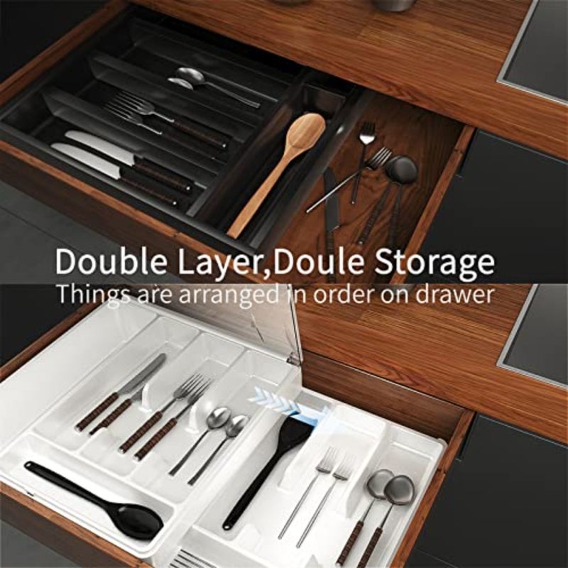 Double Layer Silverware Tray with Lid, Drawer Organizer for Utensil Tray, Cutlery Storage Holder with Cover - Image 4