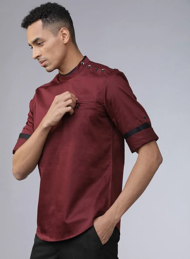 HIGHLANDER HIGHLANDER Piped Mandarin Collar Shirt with Shoulder Placket