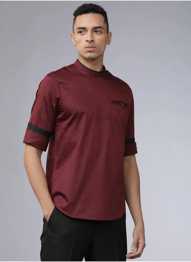 هاي لاندر Piped Mandarin Collar Shirt with Shoulder Placket by Styli
