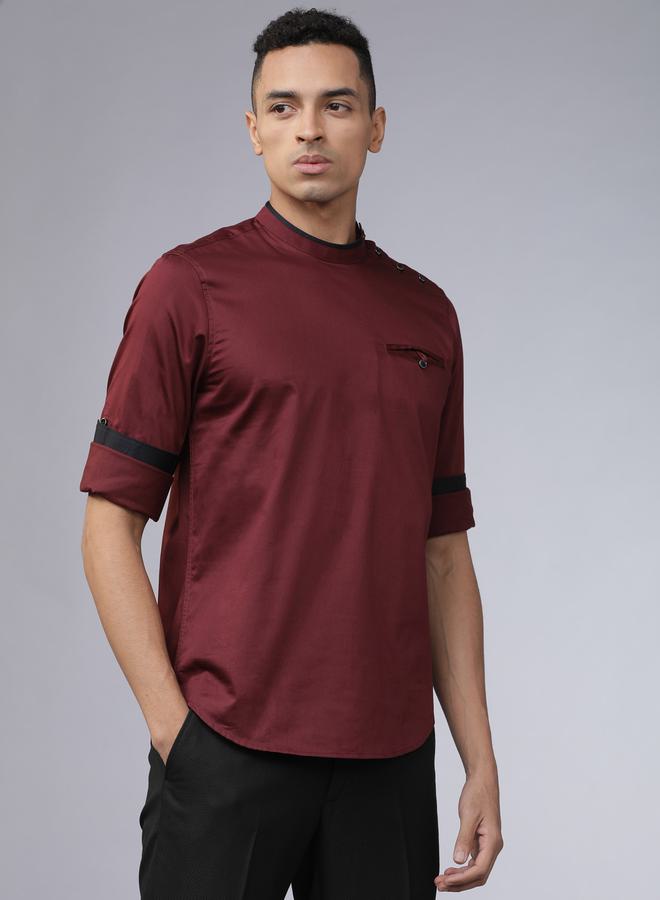 HIGHLANDER Piped Mandarin Collar Shirt with Shoulder Placket - Image 1