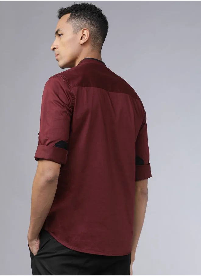 هاي لاندر Piped Mandarin Collar Shirt with Shoulder Placket by Styli