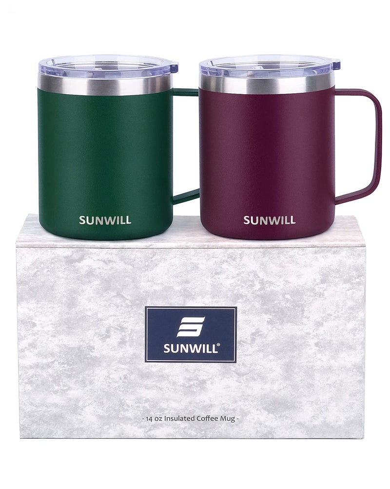 SUNWILL SUNWILL Coffee Mug Set with Handle and Lid 14 oz  Insulated Camping Mug 2 Pack  Double Wall Stainless Steel Travel Tumbler Cup  Reusable Coffee Cup Outdoor  Powder Coated Forest Green & Plum - Image 1