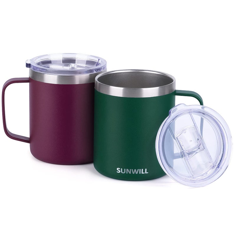 SUNWILL SUNWILL Coffee Mug Set with Handle and Lid 14 oz  Insulated Camping Mug 2 Pack  Double Wall Stainless Steel Travel Tumbler Cup  Reusable Coffee Cup Outdoor  Powder Coated Forest Green & Plum - Image 2