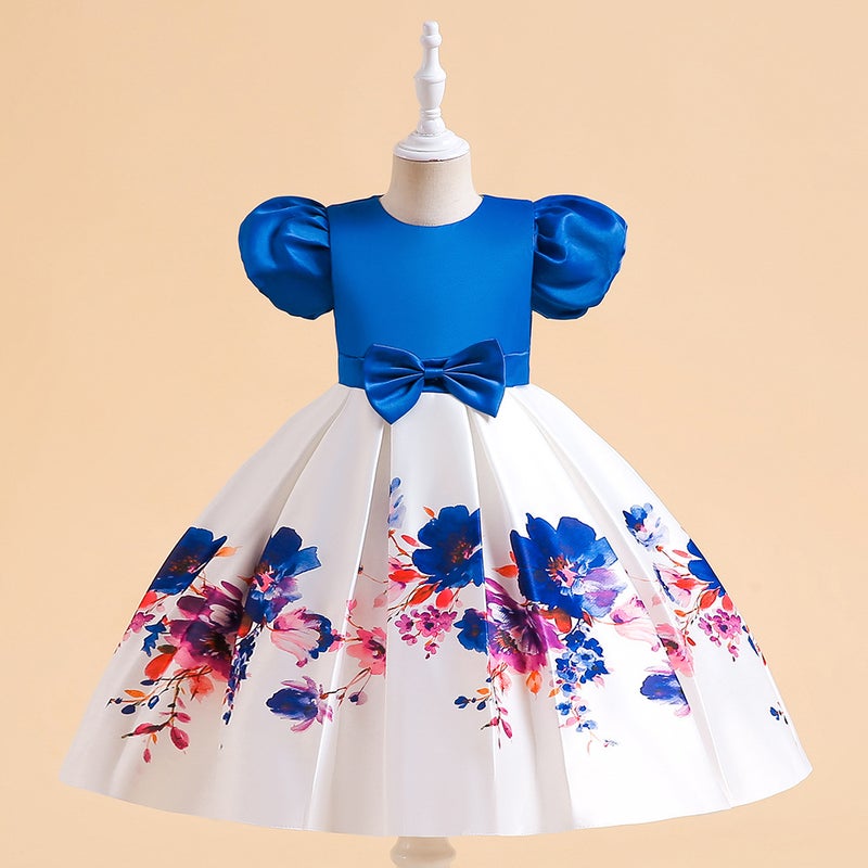 2024 summer wish European and American childrens dress dress for girls small and medium-sized childrens blue printed bow cute princess dress L5315-color blue