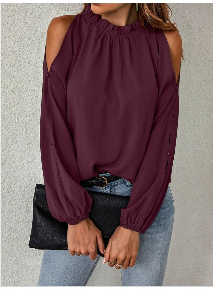 general lotus leaf half-neck high-collared long-sleeved pleated loose-shoulder blouse - Image 1