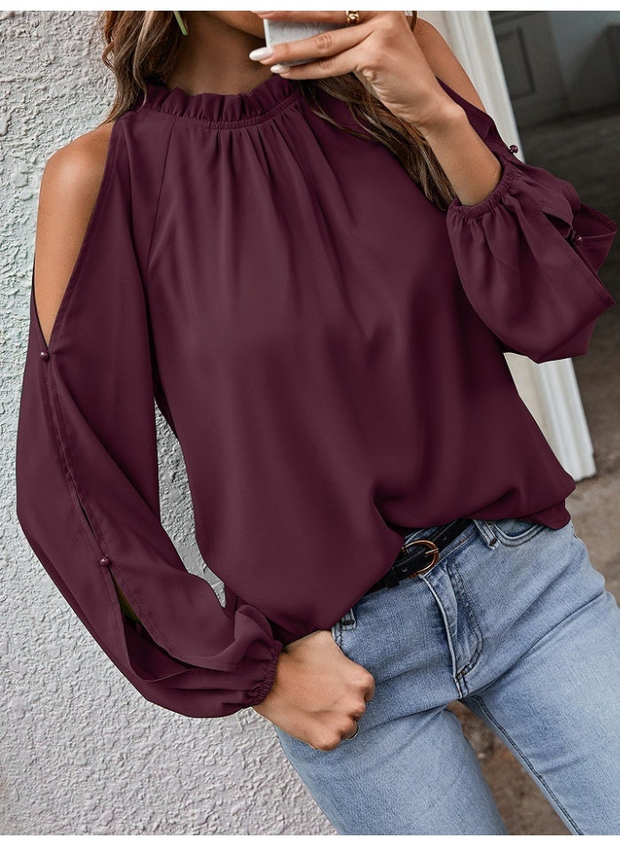 general lotus leaf half-neck high-collared long-sleeved pleated loose-shoulder blouse - Image 2