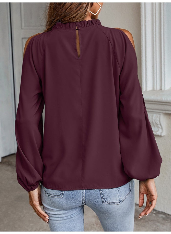 general lotus leaf half-neck high-collared long-sleeved pleated loose-shoulder blouse - Image 3