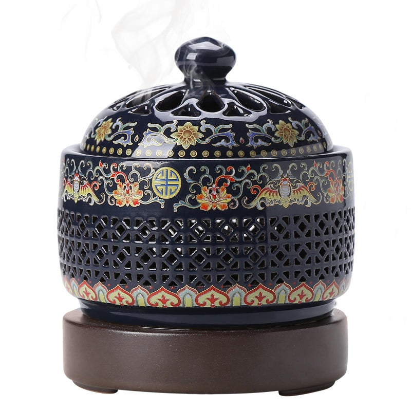 ISSNW Ceramic Holder Electric Incense Burner Enamel Built-in LED Lights Simulate Flames, Classical, Elegant and High-end Hollow Design - Image 1