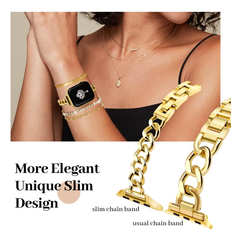 Newlibery Slim Golden Band and 3Pcs 14k Golden Bracelet Set Women Feminine Elegant Compatible with Apple Watch 38/40/41/42mm(S10/11) Adjustable Metal Dressy Strap for iWatch Series 11/10/9/8/7/6/5/4/SE/3/2/1 - Image 3