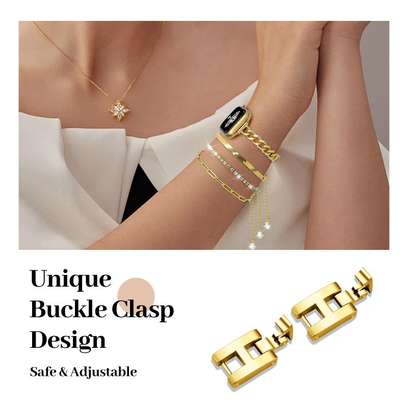 Newlibery Slim Golden Band and 3Pcs 14k Golden Bracelet Set Women Feminine Elegant Compatible with Apple Watch 38/40/41/42mm(S10/11) Adjustable Metal Dressy Strap for iWatch Series 11/10/9/8/7/6/5/4/SE/3/2/1 - Image 4