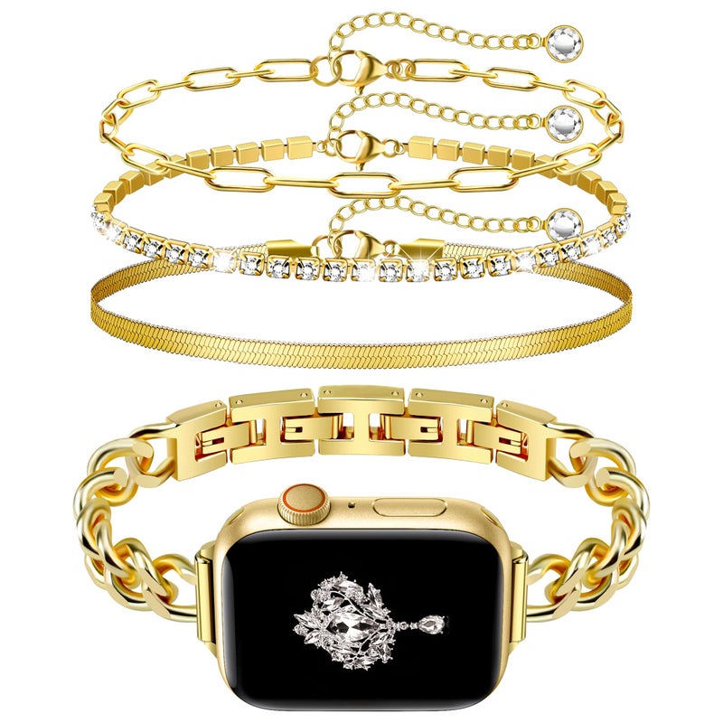 Newlibery Slim Golden Band and 3Pcs 14k Golden Bracelet Set Women Feminine Elegant Compatible with Apple Watch 38/40/41/42mm(S10/11) Adjustable Metal Dressy Strap for iWatch Series 11/10/9/8/7/6/5/4/SE/3/2/1 - Image 1