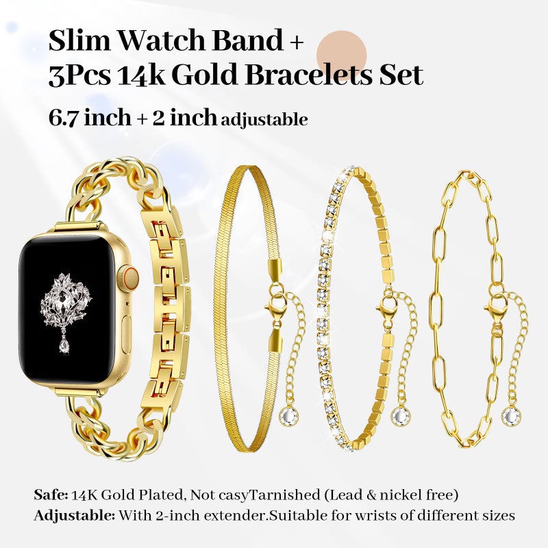 Newlibery Slim Golden Band and 3Pcs 14k Golden Bracelet Set Women Feminine Elegant Compatible with Apple Watch 38/40/41/42mm(S10/11) Adjustable Metal Dressy Strap for iWatch Series 11/10/9/8/7/6/5/4/SE/3/2/1 - Image 2