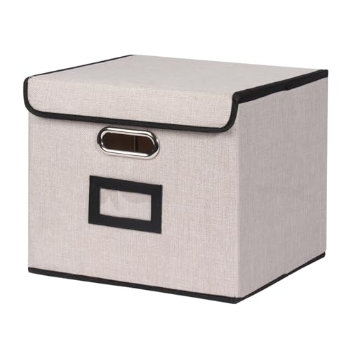 Tcbelosion Large Square Storage Bin with Lid, Foldable Organizer Box with Handles & Label Design, for Office, Closet, Home, Documents, Grey, 12.20 x 10.63 x 10.63 Inches, 1 Pack - Image 1