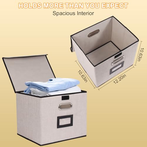 Tcbelosion Large Square Storage Bin with Lid, Foldable Organizer Box with Handles & Label Design, for Office, Closet, Home, Documents, Grey, 12.20 x 10.63 x 10.63 Inches, 1 Pack - Image 3