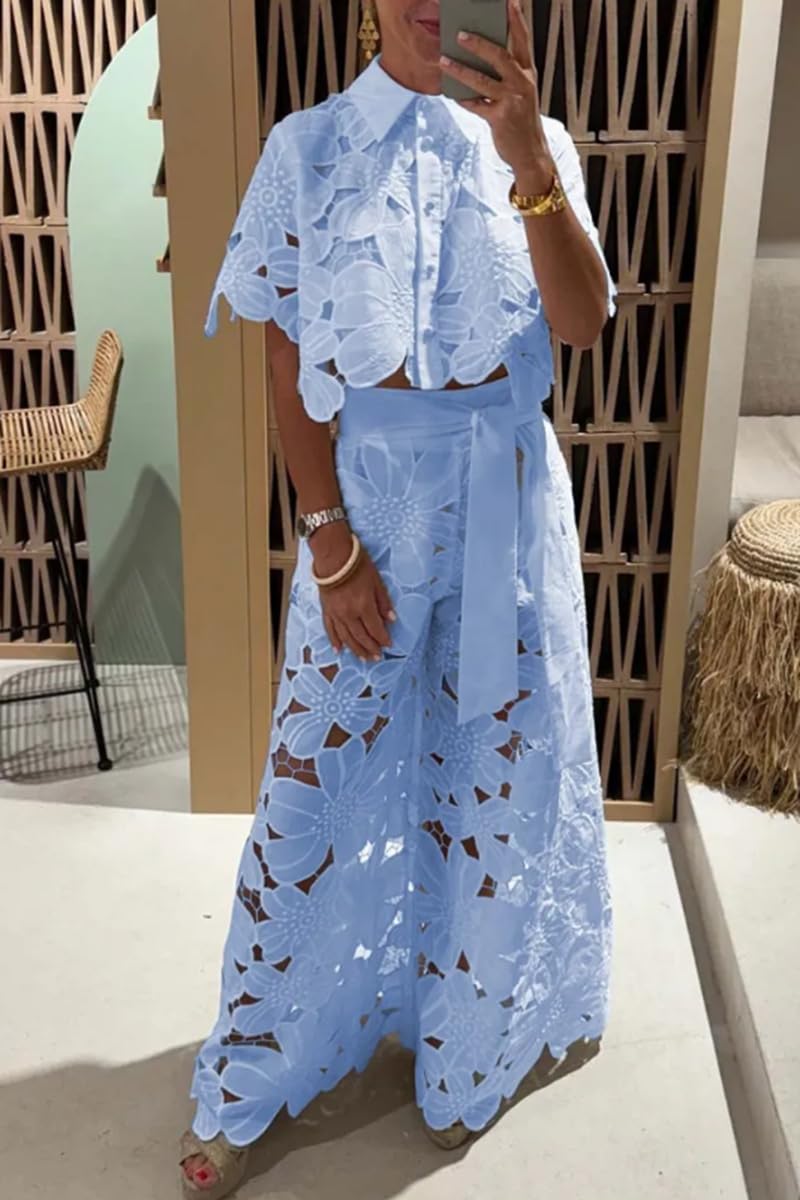 NIFTRIRY Outfits for Women 2 Piece Sets Lace Crop Shirt with Wide Leg Pants Two Piece Sets for Women Dressy