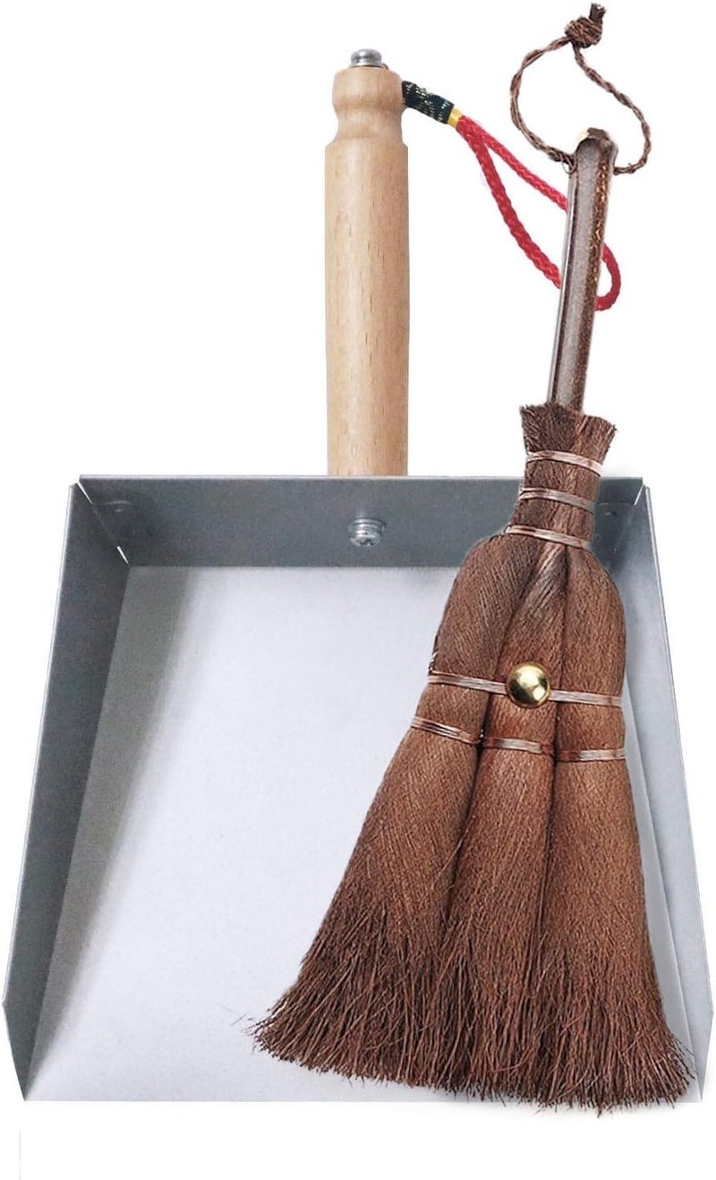 OAKART Mini Metal Dustpan and Brush Set Natural Bristle Hand Broom for Fireplace Woodstove - Image 1