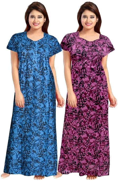 Vlazom Women’s Cotton Printed Maxi Nighty – Ankle Length Night Dress Gown, Pack of 2, Free Size – Soft & Breathable Sleepwear (Blue&Purple, Free Size) - Image 5
