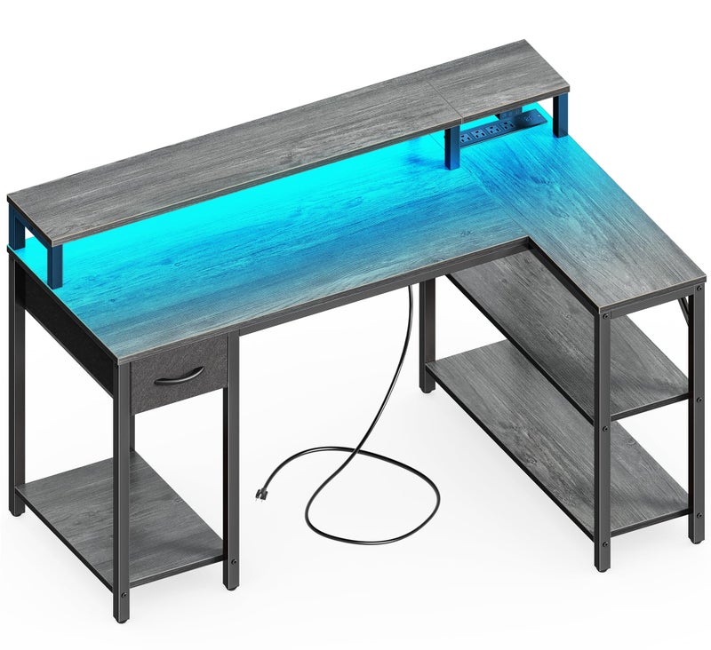 SUPERJARE 47 inch Reversible L Shaped Desk with LED Lights  Power Outlets Computer Desk with Shelves  Monitor Stand Gaming Desk with Drawer Home Office Desk Corner Desk Grey