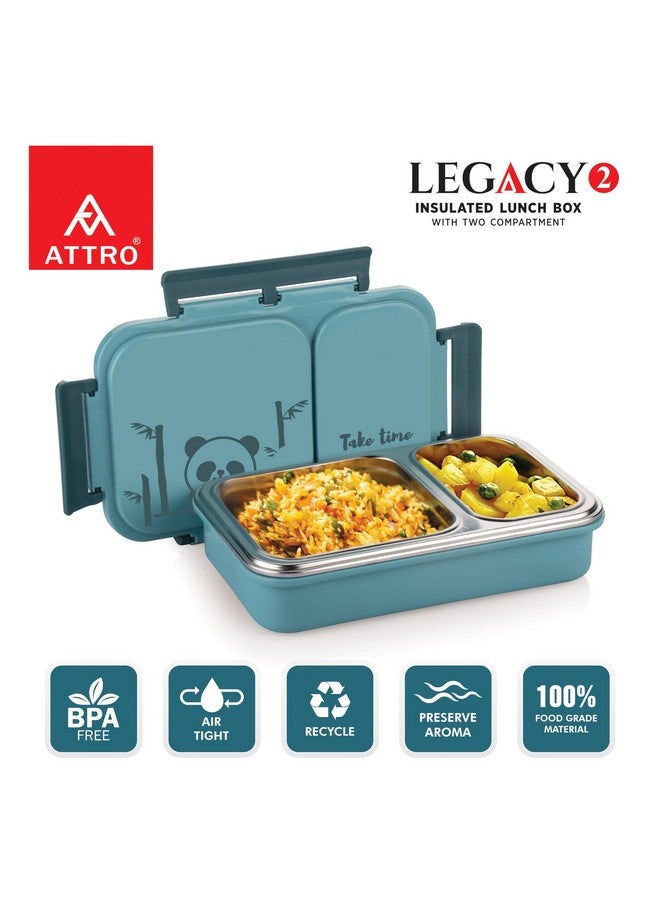 ATTRO Legacy 2 Insulated Lunch Box with Two Compartment BPA Free, Food Grade Ideal for School, Picnic, Office & Outdoor - 600ml Blue, Stainless Steel - Image 2