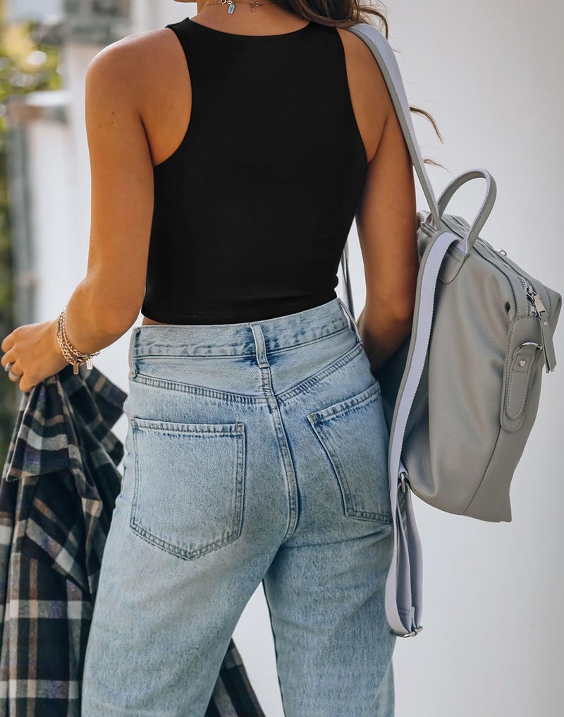 REORIA Women's Sexy Sleeveless High Neck Crop Tank Top Racerback Double Lined Cute Basic Cropped Tops 2025 Going Out Shirts Black Large - Image 3