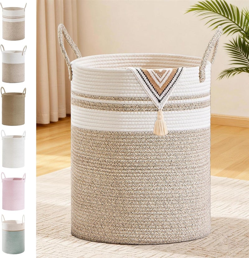 SunNewt Tall Laundry Basket with Handles, 88L Portable Dirty Clothes Hamper, Boho Cotton Rope Storage Bin for Blankets Kids Toys Gifts, Large Organizer for Baby Nursery Bedroom Bathroom, New Brown - Image 1