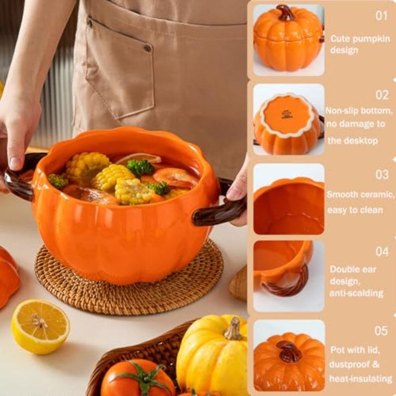 Dutch Oven Pot for baking and serving desserts, ceramic pumpkin-shaped mini casserole dish, orange, heat-resistant and oven-safe with double handles and tight-fitting lid - Image 5