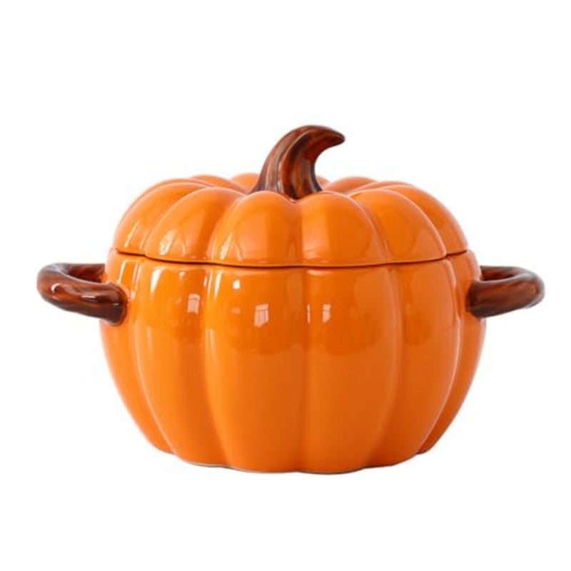 Dutch Oven Pot for baking and serving desserts, ceramic pumpkin-shaped mini casserole dish, orange, heat-resistant and oven-safe with double handles and tight-fitting lid - Image 1