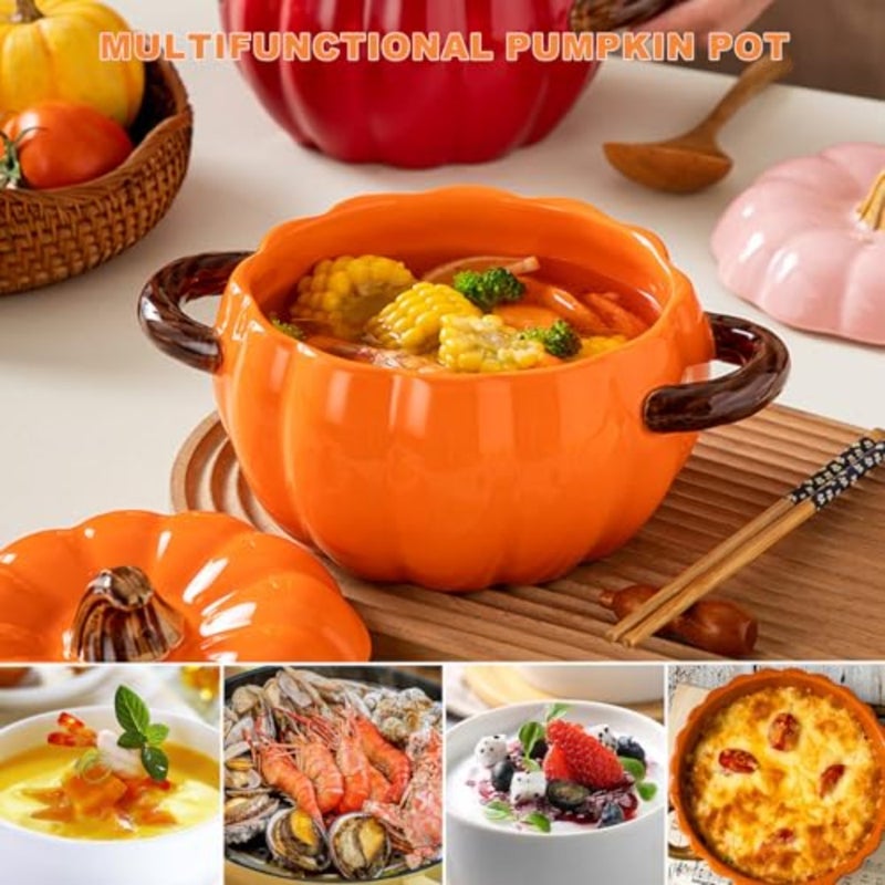 Dutch Oven Pot for baking and serving desserts, ceramic pumpkin-shaped mini casserole dish, orange, heat-resistant and oven-safe with double handles and tight-fitting lid - Image 3