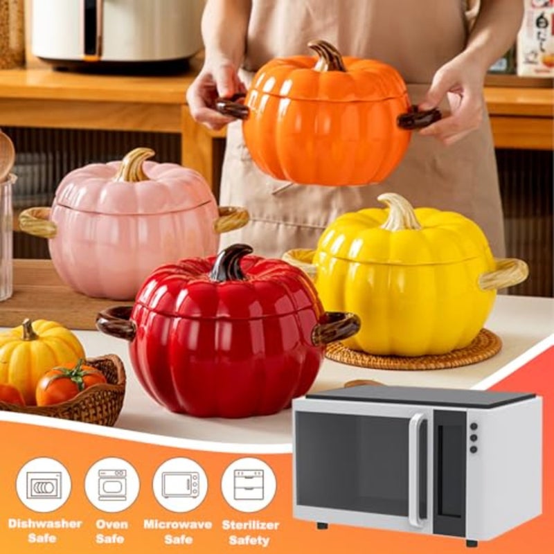 Dutch Oven Pot for baking and serving desserts, ceramic pumpkin-shaped mini casserole dish, orange, heat-resistant and oven-safe with double handles and tight-fitting lid - Image 4