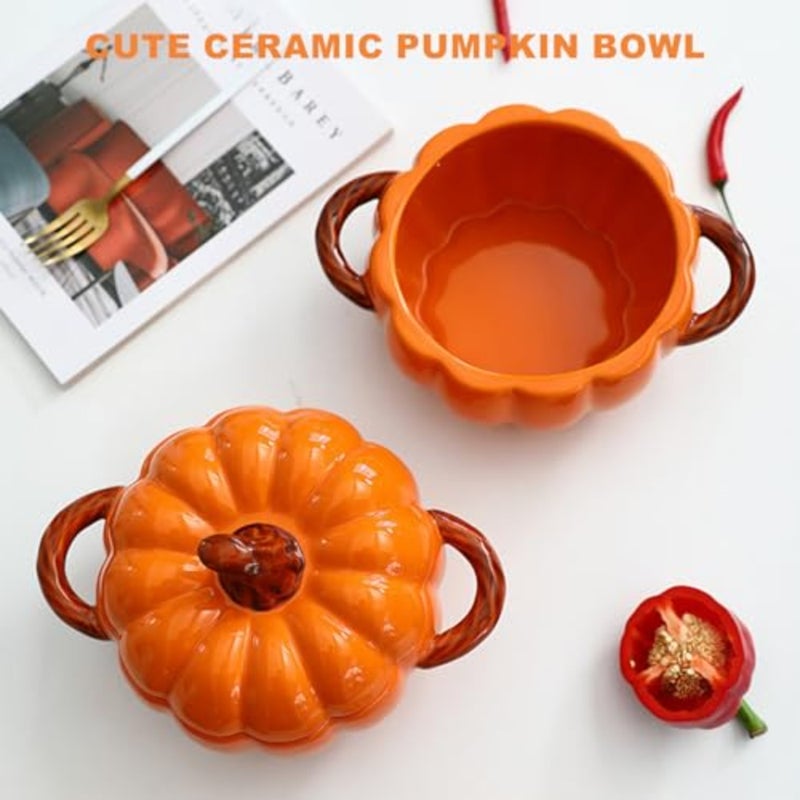 Dutch Oven Pot for baking and serving desserts, ceramic pumpkin-shaped mini casserole dish, orange, heat-resistant and oven-safe with double handles and tight-fitting lid - Image 2