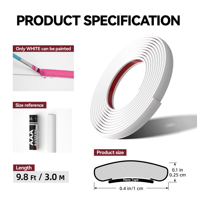 JSIWOTH 9.8 Ft Peel and Stick Wall Molding Trim, White(Paintable) Self Adhesive Flexible Trim for Wall, Edges, Borders, Window Frames, Backsplash Tiles, Baseboard & More (W:0.4", T:0.1") - Image 2