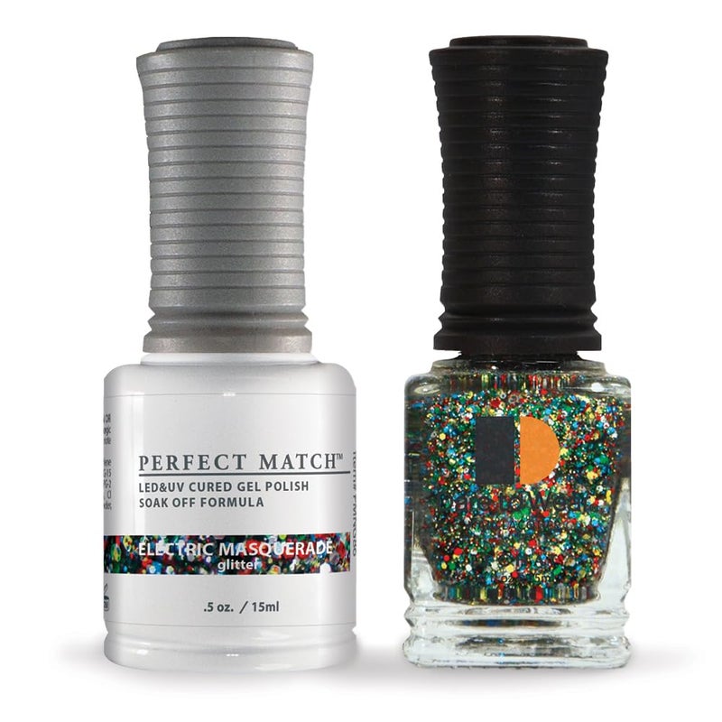 LeChat Perfect Match Gel Polish, Electric Masquerade, Green, Red, Yellow, Blue Glitter on Clear Base, Easy Application, Soak Off Formula, 0.5 Fl Oz - Image 1