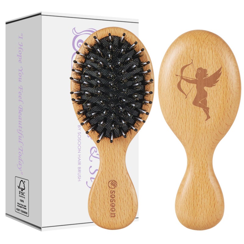 Sosoon Hair Brush, Pocket Mini Travel Boar Bristle Hairbrush for Thick Thin Curly Straight Long Short Wet Dry Hair for Men Women Kids for Smoothing Detangling Massaging Adding Shine - Image 1