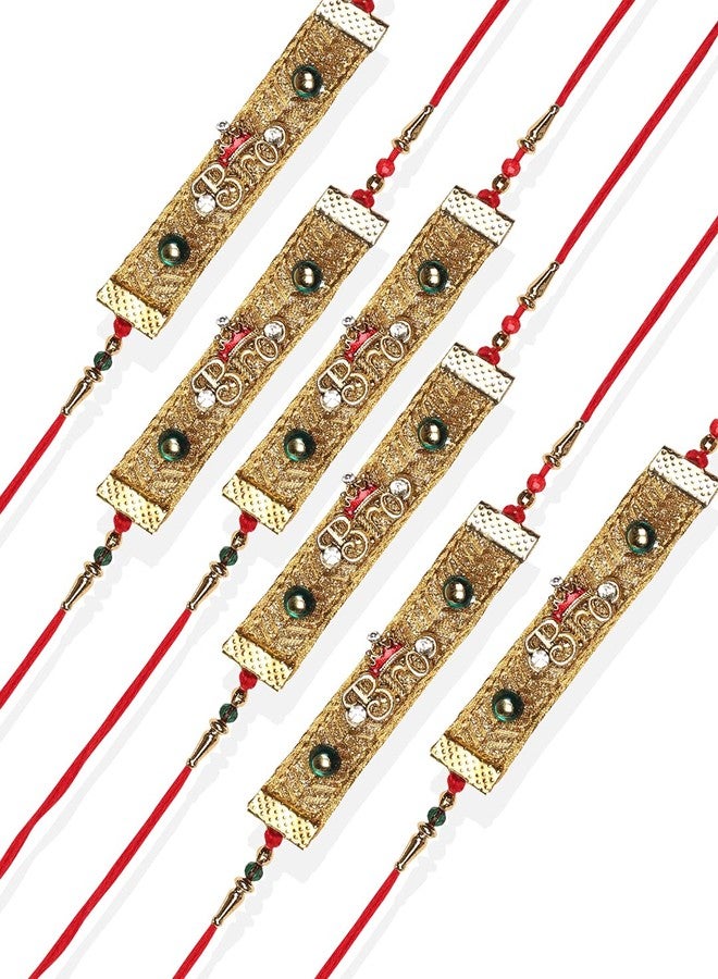 ACCESSHER Designer Elegant Fabric Quirky BRO Rakhi for Beloved Brother Pack of 6 with Roli Kumkum Packets and Happy Rakshabandhan Card - Image 1