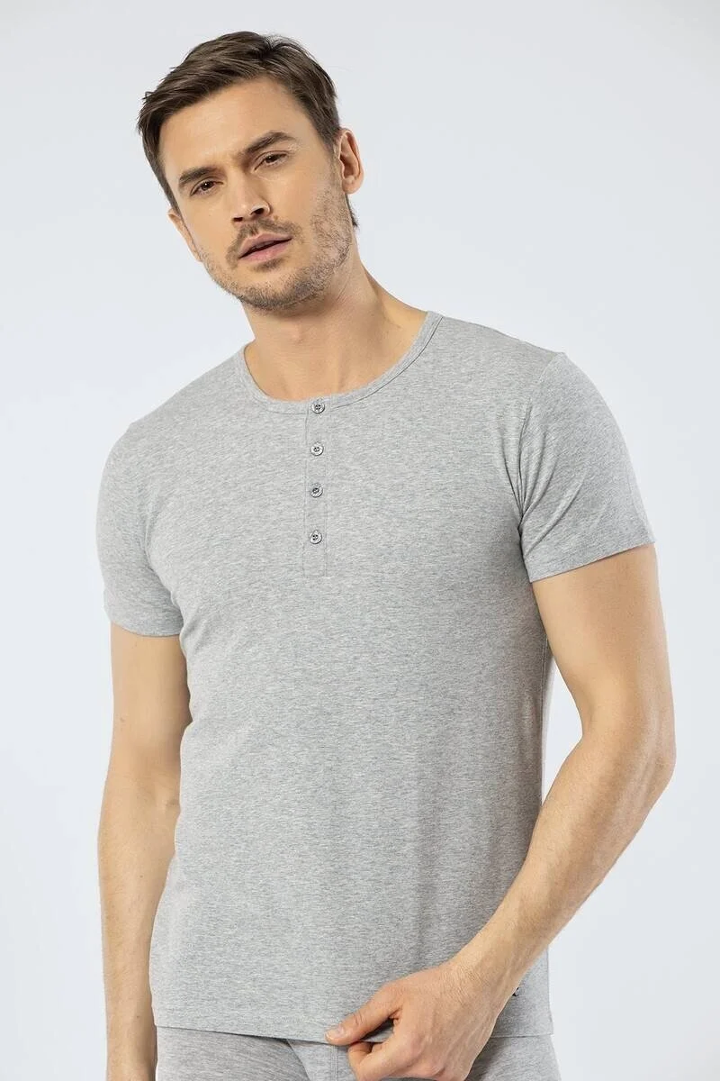 كاشاريل Men's Crew Neck Buttoned Gray T-shirt